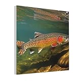 LKVNSWERT Canvas Wall Art for Living Room 16'x16' Modern Artwork Painting Pictures Hanging Canvas Prints Brook Trout Fly Fishing Aesthetic Wall Art for Bedroom Bathroom Office WallArt Print Decor
