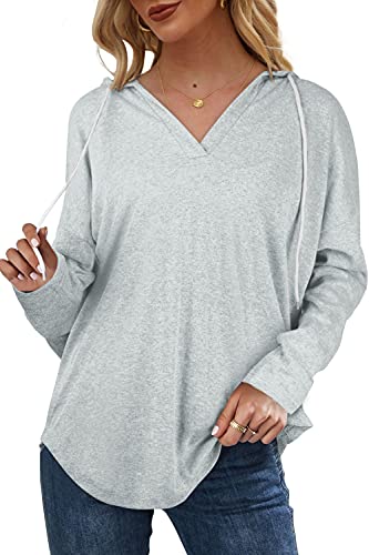 Bofell Sweatshirt For Women Long Sleeve V Neck Shirts Casual Soft Hoodies Pullover Light Gray S #TOP1