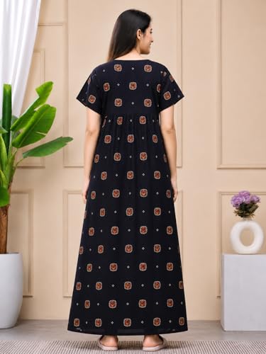 Image of Women's Pure Cotton Maxi Nighty, Jaipuri Embroidery Print, Short Sleeve Night Gown with Pocket