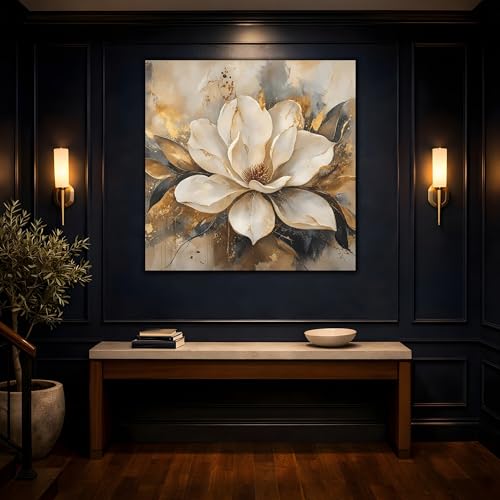 Toile magnolia blanc et or | Déco salon au-dessus de cheminée
