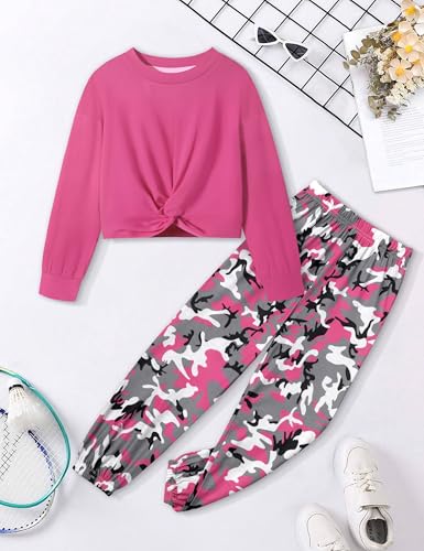 Image of NECIOUS 5t Girls Clothes Size 6 Girls Fall Outfits 2 Piece Fashion Twist Front Sweatshirt Pink Camo Sweatpants Winter Kids Clothing Sets