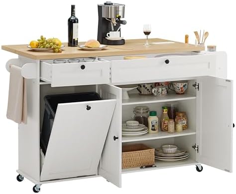 60" Kitchen Island with Power Outlet & Drop Leaf, Kitchen Rolling...