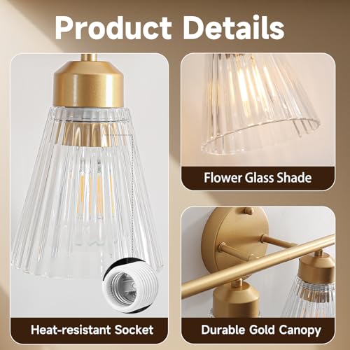 Image of 4-Light Bathroom Vanity Light, Painted Gold Bathroom Light Fixtures Over Mirror with Stripe Glass, Modern Wall Lamp, Wall Sconces Lighting for Living Room Bedroom Kitchen Hallway