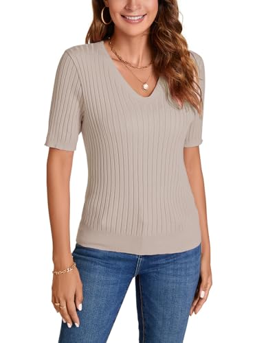 Image of Women Summer Knit Shirt Blouse V Neck Short Sleeve Pullover Sweater Tops