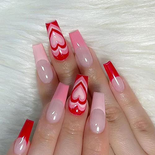 Valentine’s Day Press on Nails Long Acrylic Fake Nails Coffin 24pcs Heart Tip False Nails Full Cover False Nails for Women and Girls, Reusable, Adhesive Tabs & Nail File Included (Heart)