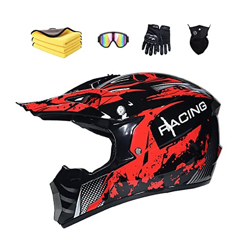Ruiqieor Casque De Motocross Convient Enfants Casque De Cross Pour EnfantCasque Downhill Pour Enfants Casque Intégral Moto Cross VTT Avec Lunettes Gants (M(57-58cm),red) Cover