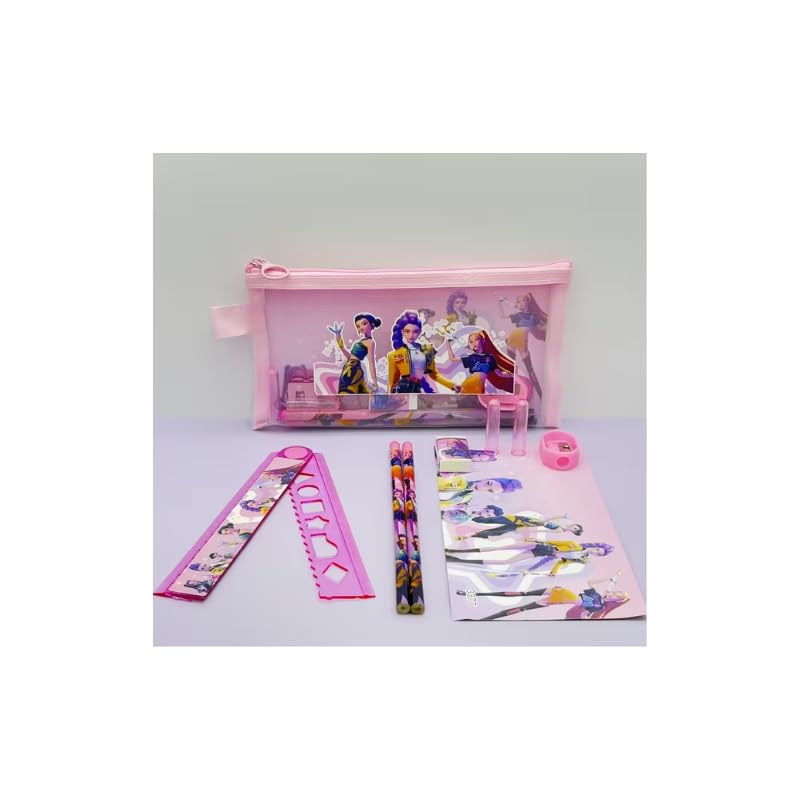 Kpop Witch Hunt Group Stationery Set, 8 Pieces Including Pencil Case, Pencils, Ruler, Eraser, Sharpener, Pen Caps, School Office Supplies Gift Set