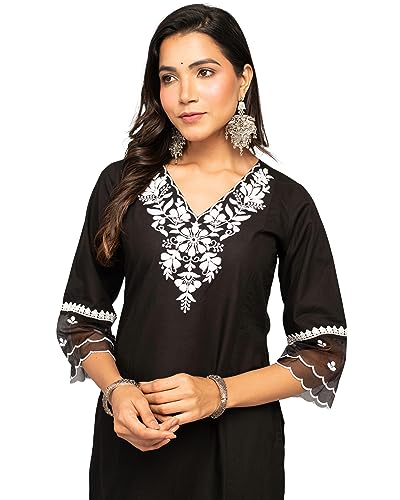 Image of FIORRA Women's Balck Cotton Floral Embroidery Straight Kurta with Palazzo