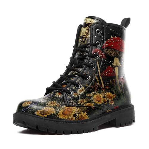 Womens Mushroom Floral Combat Boots - Witchcore Forest Goth Boots Chuncky Heel Vegan Leather Fashion Lace-Up Black Ankle Booties