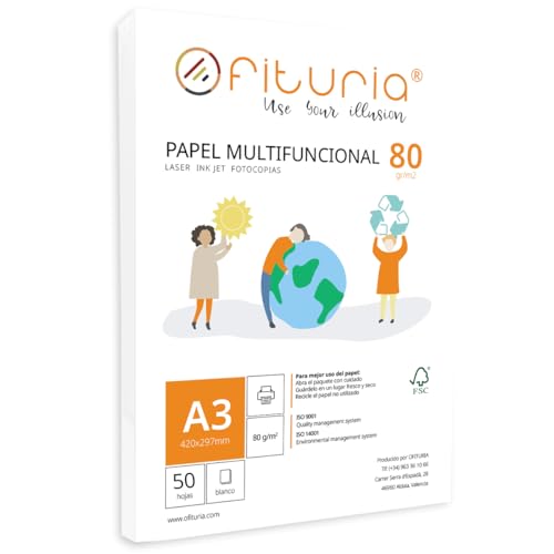 Paquete de folios A3 de 80gr con 50 Hojas Blancas, Papel Multifuncional para Uso Escolar y Entornos Laborales. Ideal con impresoras láser, de inyección o fotocopiadoras - Ofituria (A3, 50h)