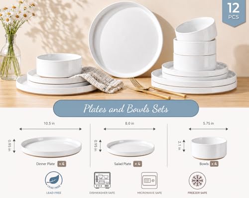 Image of AmorArc Ceramic Dinnerware Set for 4 | Speckled Stoneware Plates and Bowls with unglazed terracotta | Scratch Resistant, Dishwasher & Microwave Safe Dishes Sets- 12-Pcs Milk White