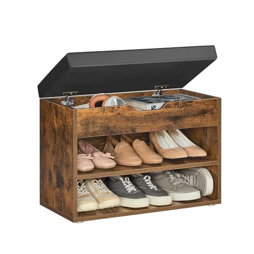 VASAGLE Banc à Chaussures, Meuble à Chaussures avec Siège Rembourré, 3 Compartiments et Assise Rembourrée, 30 x 60 x 44 cm, pour Entrée, Chambre, Salon, Marron...