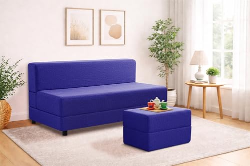 Image of 5X6-Feet Leg Sofa Cum Bed with Ottoman | Jute Fabric 3 Seater Convertible Sofa Bed | Modern Space Saving Furniture for Living Room | Purple