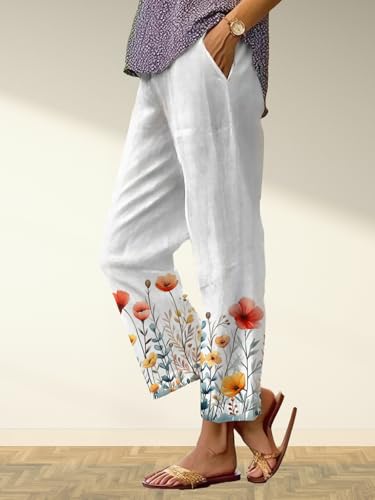 Boho Floral Pants for Women Casual Lightweight Straight Leg Pants Comfy Elastic Waisted Women's Trousers Pockets2