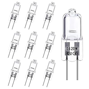 G4 12 V 20 W Halogen Bulbs, Pack of 10 Dimmable Warm White 3000 K, 2 Pin Clear Capsule Lamps for Cooker Hoods, Kitchen, Living Room, Bedroom