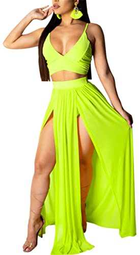Tenues sexy 2 pièces pour femme avec bretelles en mousseline de soie et col en V profond - Soutien-gorge haut court - Robes maxi à fente haute - Jupe -...