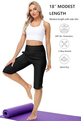 Image of AOBUTE Womens Swim Capris Pant Sun Protection High Waisted Swimming Leggings with Pockets (No Lining)
