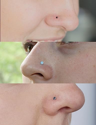 Surgical Steel Nose Ring 20G - Hypoallergenic Nose Studs With Cute Flat Opal Flower Diamond Heart - Straight L Shaped Purple, Pink, Black, Silver for Women Men Gift4