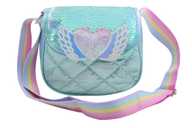 Girls' Green Sequin Sling Bag with Heart & Wings – Trendy Polyester Crossbody Bag for Stylish Kids-image-6