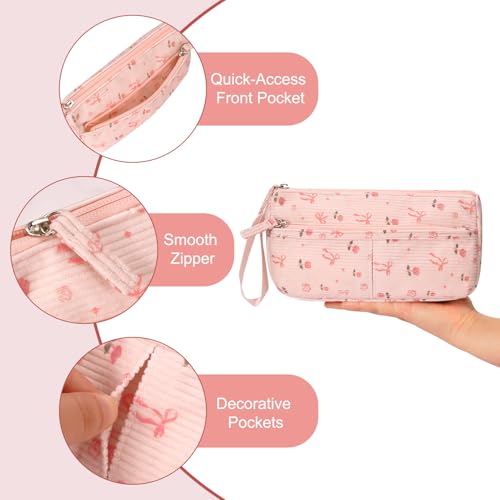Image of FINPAC Pencil Case, Corduroy Triangle Makeup Bag, Kawaii Pen Bag Pouch Holder Box Organize for Study, Office, or Travel (Pink Rose Bow)