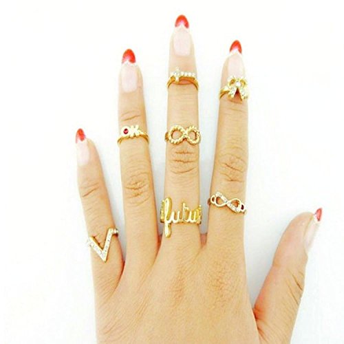 Sankuwen Fashional 7pcs Stack Plain Rings Cute Eye Bowknot Crown Rhinestone Joint Rings