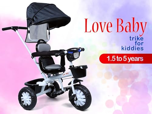Image of kidsROAR Stroller Tricycle For Kids For 1 Year+ | 2 Year+ Baby Cycle With Rotational Leather Seat | Light Music | Removable Canopy | Push Handle | 4 In 1 Baby Cycle For 1 Year Kids (573R), Black