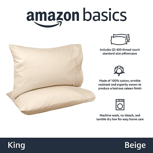Image of Amazon Basics 400 Thread Count Cotton Pillow Case, King, Set of 2, Beige, 40 inch L x 20 inch W, Pillows Not Included (Pack of 2)
