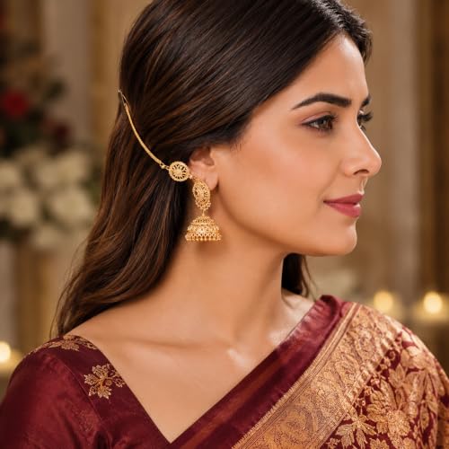Image of Shreyadzines Gold Plated Jhumka Earrings with Ear Chain for Women | Traditional gold plated jhumka earrings with attached ear chain, wedding jewelry, lightweight support design