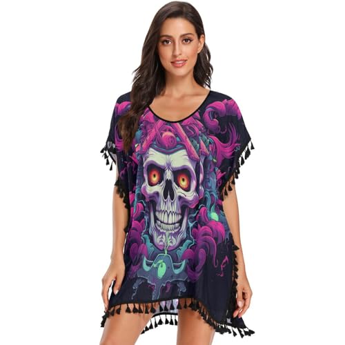 Devil Cool Skull Art Women's Beach Cover Up Chiffon Tassel Swimwear Swimsuit Coverups for Girl