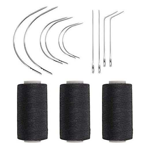 Ryalan Weaving Needle Combo Deal Black Thread with 10pcs Needle for Making Wig Sewing Hair Weft Hair Weave Extension, Big Medium and Small C J Shape Curved Needle I Needle (3 Thread Black + 10 Needle)