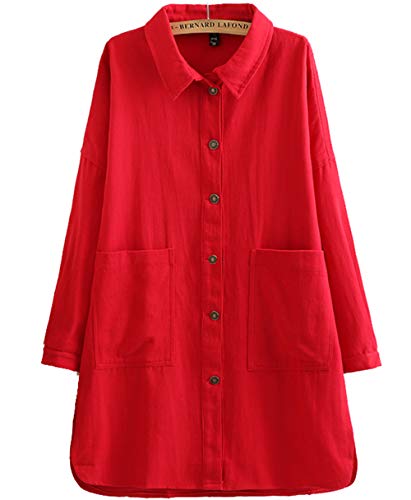 Women Casual Button Down 100% Cotton Jacket Loose Fit Coat Outwear Long Sleeve (Large, Red)