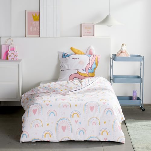 Familando Einhorn Bettwäsche Set 2-teilig 135x200 & 80x80 cm Kissenbezug mit Ohren 100% Baumwolle Renforcé Hautfreundlich & atmungsaktiv Wendemotiv Öko-TEX Zertifiziert
