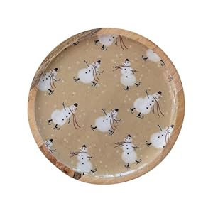 Creative Co Op Round Enameled Mango Wood Tray with Snowman Pattern Multicolor