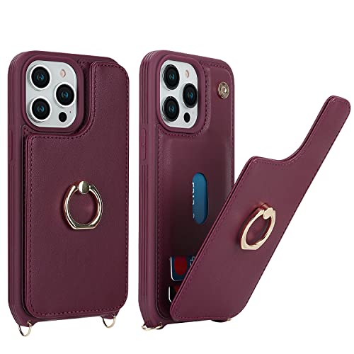 Image of for iPhone 13 Pro Case with Card Holder and Strap for Women,Crossbody Lanyard,RFID Blocking,Kickstand Ring Stand,Snap Clasp,Phone Wallet Cases 6.1 inch(Wine Red)