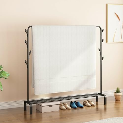 Image of Single Pole Coat Hanger /Cloth Stand /Garment Stand with Bottom Shelves - Metal Garment Rack for Organized Storage 8 Hook (.Black)