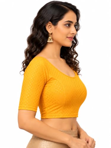 Image of Fressia Fabrics Pure Cotton 4-Way Stretch Readymade Blouse for Women | Free Size to 4XL Stretchable Round Neck Dobby Cotton Half Sleeve Readymade Saree Blouse for Women Stylish