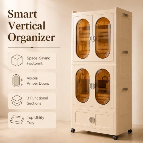 Image of KRISHYAM 3-Tier Plastic Storage Cabinet with Doors & Wheels, Translucent Amber Doors, Multipurpose Clothes Organizer for Bedroom & Home, 172 x 66 x 37 cm