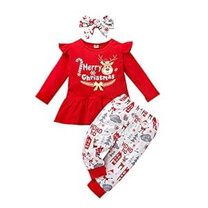 Odizli Neugeborenes Baby Mädchen Weihnachtsoutfit Rentier Baumwolle Langarm Top+Hose+Stirnband 3tlg Bekleidungssets Weihnachten Party Herbst Winter Schlafanzug Kleidung