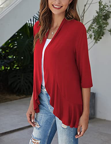 Bluetime Women Irregular Lightweight Soft Draped Open Front Cardigan 3/4 Sleeve Kimono Coverups Plus Size (S-3Xl) (Xl, Red) #TOP5