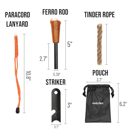 Fire Starter Survival Tool, Ferro Rod Kit with Striker, Paracord Wrist Lanyard, Wood Handle, Tinder Wick, Pouch, Waterproof Flint and Steel Fire Starter for Camping, Hiking and Backpacking Gear - Thumbnail 2