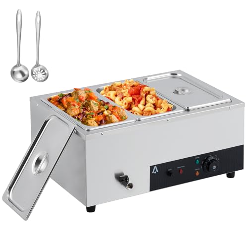 Commercial Electric Bain Marie - 3-Pan Food Warmer with 24 Qt Capacity, 1500W, Tempered Glass Cover, Adjustable Temp Control 86-185°F, and Countertop Stainless Steel Design
