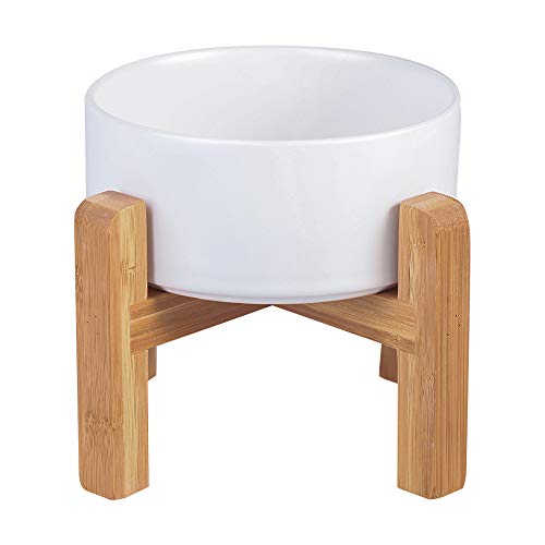 HCHLQLZ Blanca Ceramica Comedero Elevado Perro y Comedero Gato - 850 ml - En un Elegante Soporte de bambú - También Adecuado para Perros Grandes/Grandes felinos