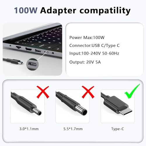 Image of 100W Watt USB Type C for Dell Precision 5680 3580 3580 3580 3581,Latitude 5340 7640 7640 7340 5440 5540 9440,Inspiron 14 Plus 7430 Laptop Adapter Type C Power Cord (De 100W Type C)