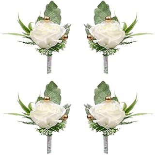 Qaziuy 4Pcs Rose Wedding Boutonniere, Handmade Boutonnieres for Men Wedding Flowers with Pins,Groom and Best Man Boutonniere for Wedding Prom