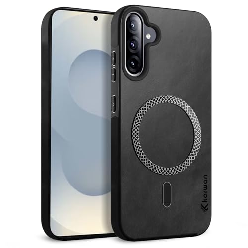 Image of KARWAN Shockproof Hybrid Leather Finish Back Case Cover Compatible with Samsung Galaxy A56 with Wireless MagEaze Charging Cover, Anti-Scratch Shield Case with Strong Minimalist Design (Black)