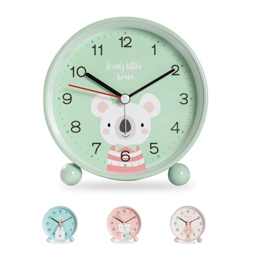 Idota Reloj Despertador Analógico para Niños Sin Tictac - Silencioso Con Lámpara de Luz Nocturna - Regalo del Día de los Niños (Koala Verde)