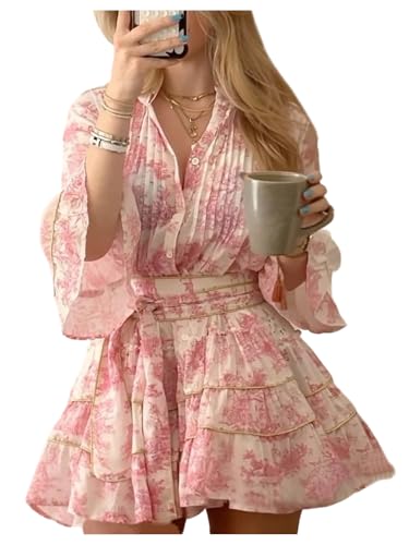 SOLY HUX Women's Floral Ruffle Mini Dress V Neck 3/4 Sleeve Flowy Boho Vacation Dresses Pink Floral Medium