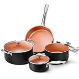 Copper Nonstick Cookware Set - Pans and Pots, All Stove Tops Compatible, Oven-Safe, Multi-Ply, Ceramic Coating, PTFE-free, PFOA-free, Stainless Steel Handle, for Stew Boil Fry and Saute, 7 Piece