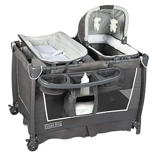 Kinder King 5 in 1 Portable Nursery Center, Foldable Playard for Baby & Toddler, Infant Pack n Play w/Bassinet, Mattress, Newborn Changing Table, Cradle, Travel Bag, Music Box, Storage Basket, Grey