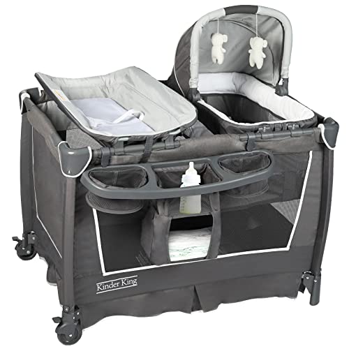 Image of Kinder King Foldable Playard for Baby & Toddler, Newborn Changing Table, Cradle, Travel Bag, Music Box, Storage Basket, Grey